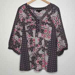 N Touch Womens Peasant Blouse 1X‎ Pink Black Floral Geometric Print Spring